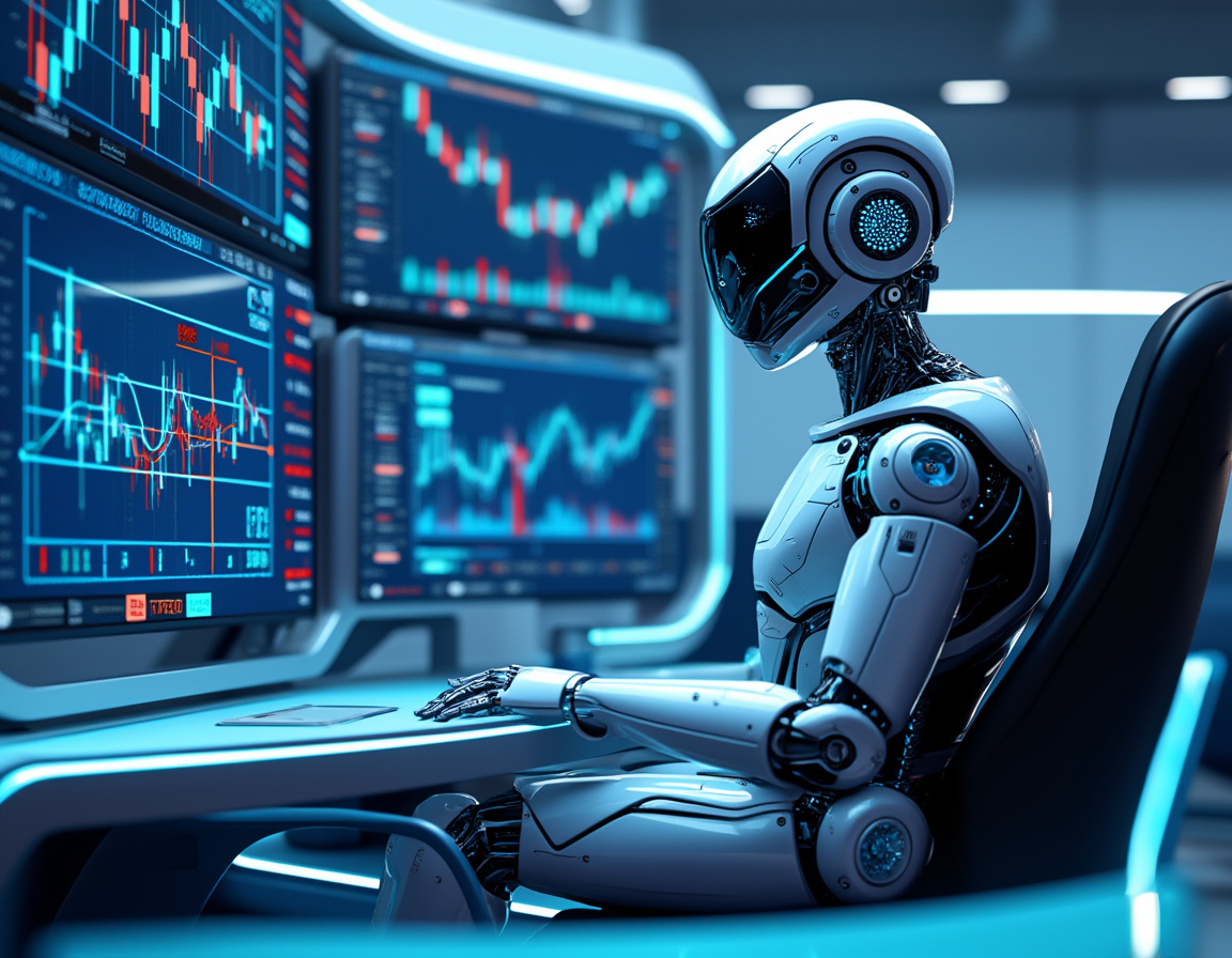 A hyper-realistic AI trading bot at a workstation analyzing market data in a futuristic environment.
