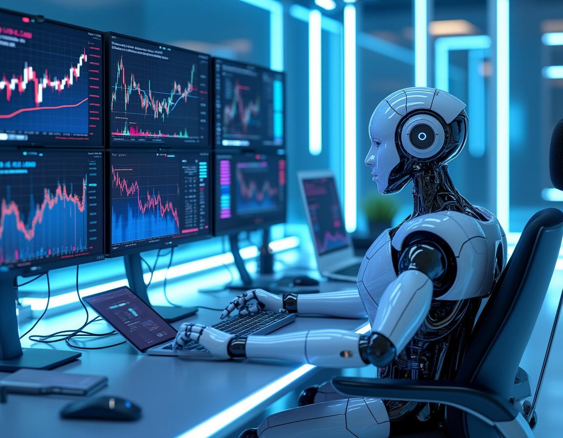 A hyper-realistic AI trading bot at a workstation, analyzing market data across multiple screens.