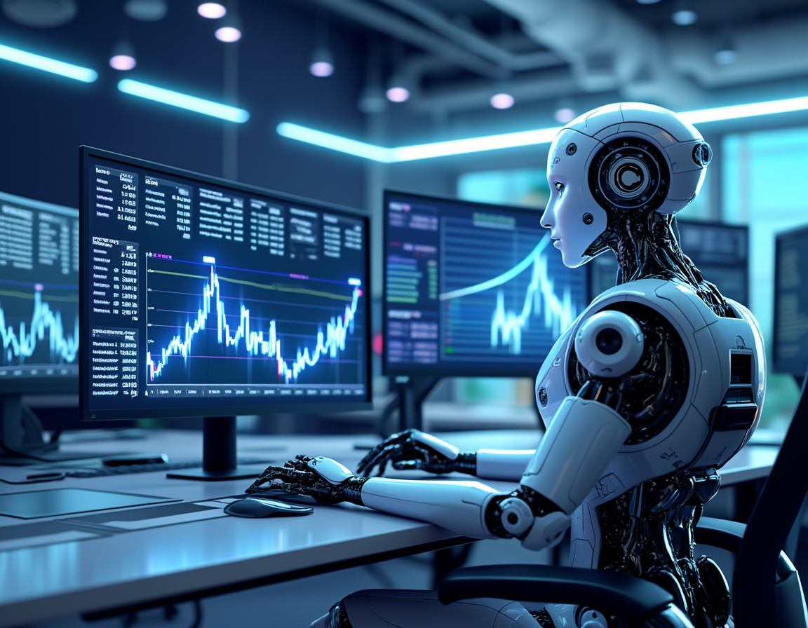 A hyper-realistic AI trading bot at a high-tech workstation, analyzing crypto and stock market data.