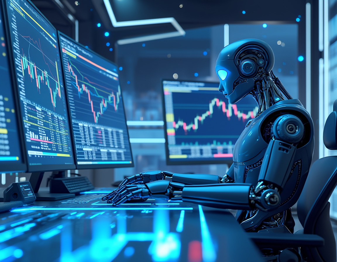 A humanoid AI trading bot at a high-tech workstation analyzing market data on multiple screens.