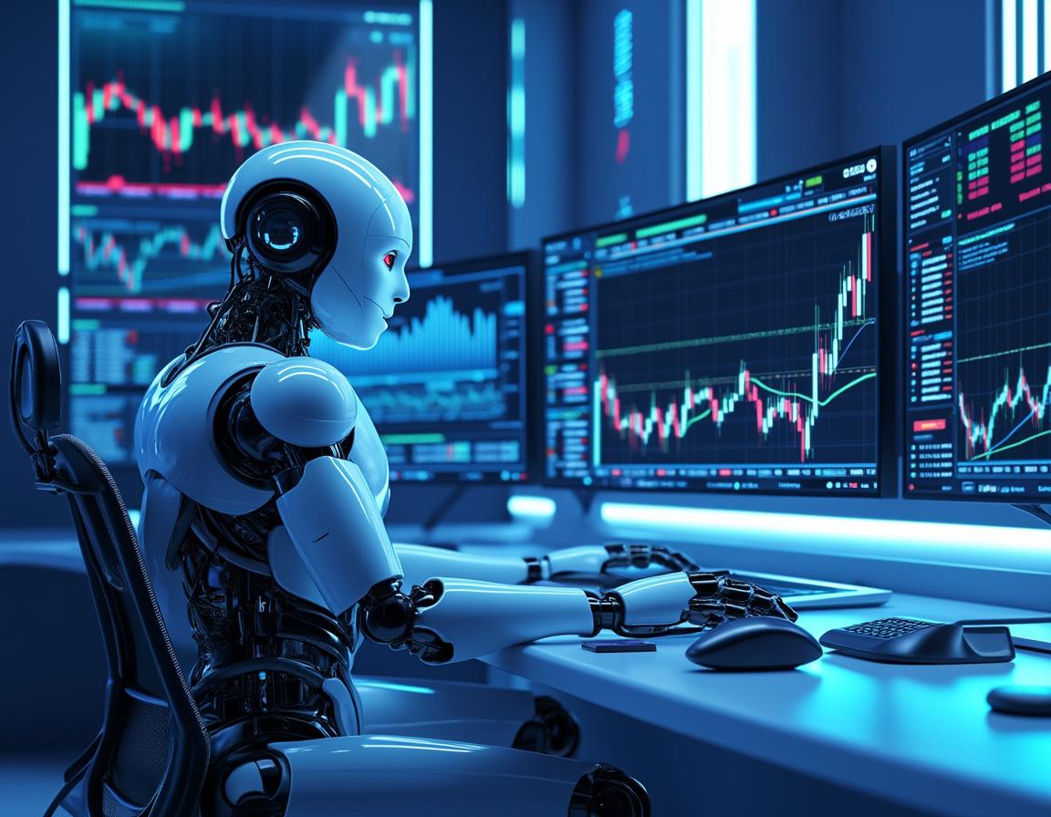 A humanoid AI trading bot at a workstation with multiple screens showing crypto market data trends.