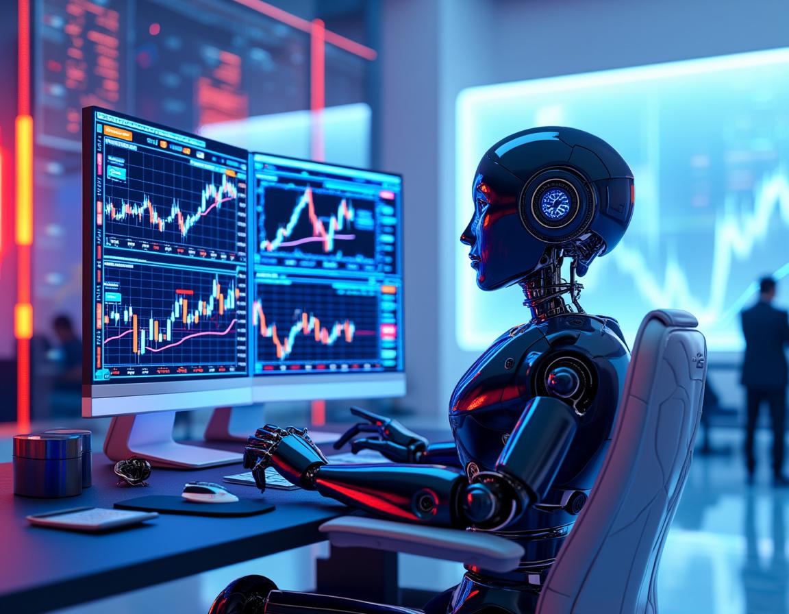 A humanoid AI trading bot analyzes market data at a high-tech workstation with multiple screens.