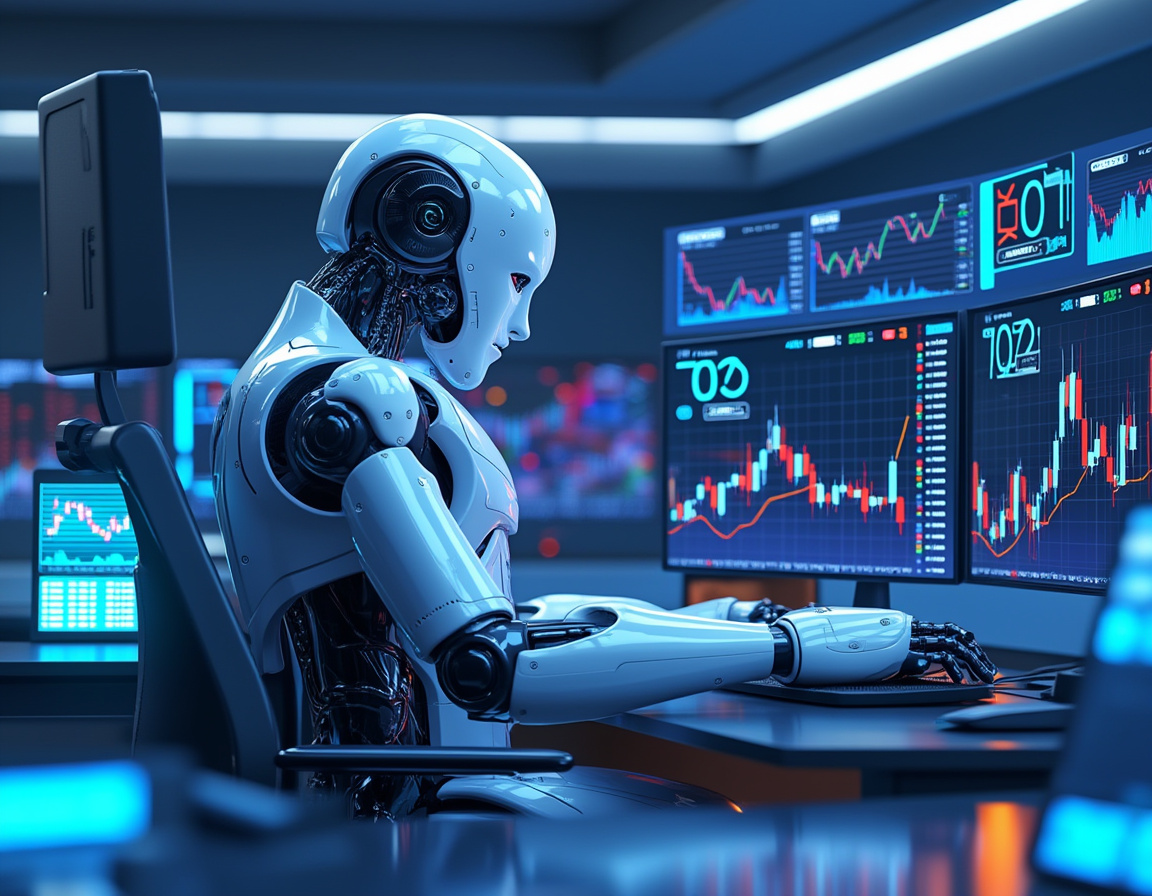 A hyper-realistic AI trading bot in a futuristic workspace analyzing data on multiple screens.