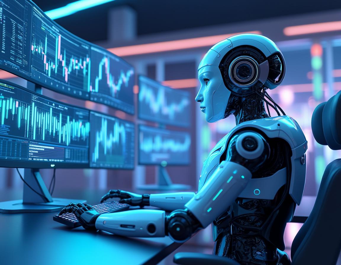 A humanoid AI trading bot analyzes market data at a futuristic workstation with multiple screens.
