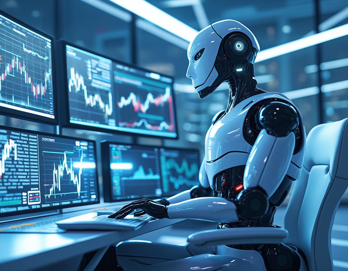 A humanoid AI trading bot operates in a futuristic financial environment with multiple data screens.