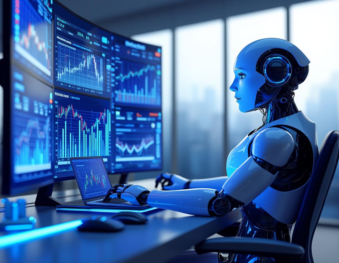 A humanoid AI trading bot analyzes market data at a futuristic workstation with multiple screens.