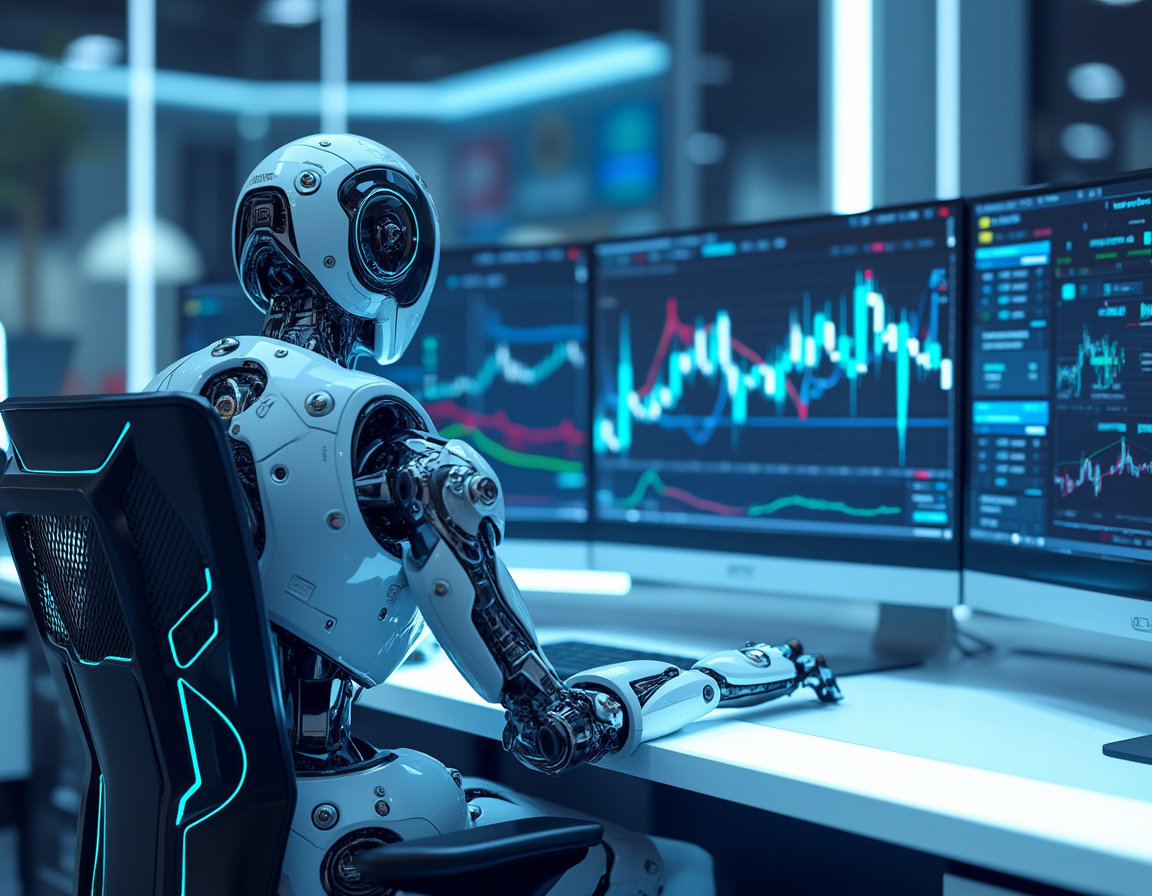 A humanoid AI trading bot at a high-tech workstation analyzes market data on multiple screens.