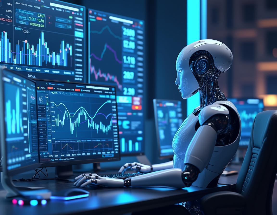 A humanoid AI trading bot at a high-tech workstation analyzing market data on glowing screens.