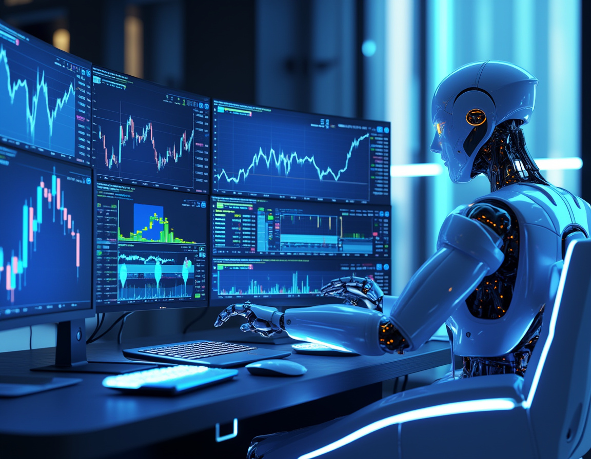A humanoid AI trading bot at a high-tech workstation, analyzing market data on multiple screens.