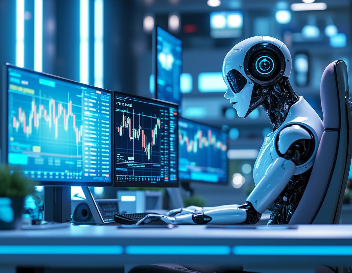 A hyper-realistic AI trading bot at a sleek workstation analyzes market data with multiple screens.