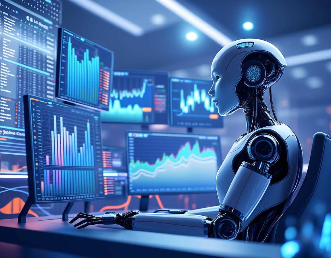 A humanoid AI trading bot at a high-tech workstation analyzing market data across multiple screens.