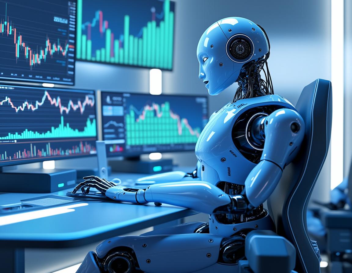 A sleek humanoid AI trading bot analyzes data at a high-tech workstation in a futuristic setting.
