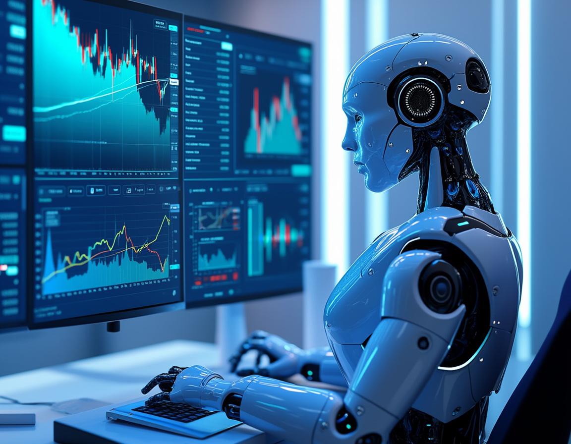 A hyper-realistic AI trading bot at a futuristic workstation analyzing stock and crypto market data.