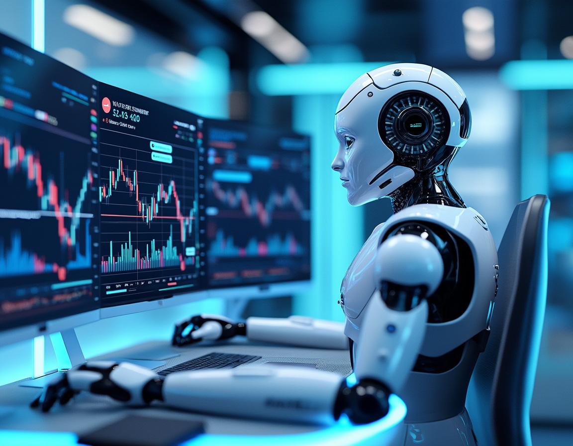 A hyper-realistic AI trading bot operates at a high-tech workstation with market analysis screens.