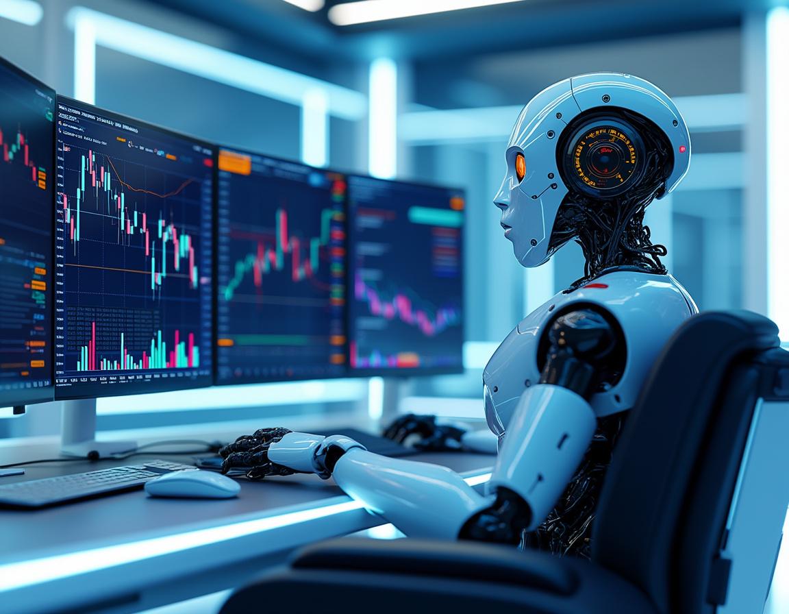 A hyper-realistic AI trading bot analyzes market data at a workstation with futuristic displays.