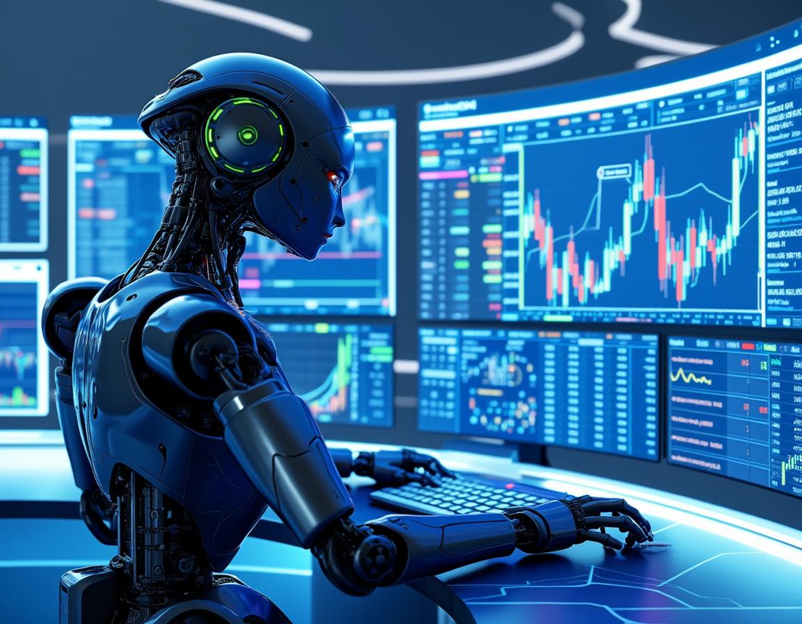 A humanoid AI trading bot analyzes market data at a high-tech workstation with multiple screens.