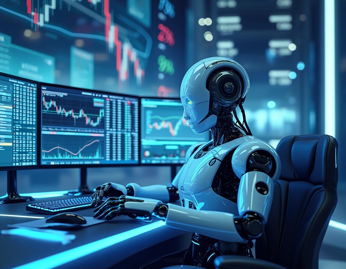 A humanoid AI trading bot at a high-tech workstation, analyzing market data with multiple screens.