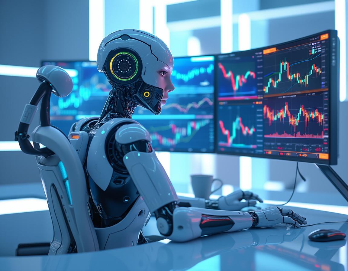 A humanoid AI trading bot at a high-tech workstation analyzing market data on multiple screens.