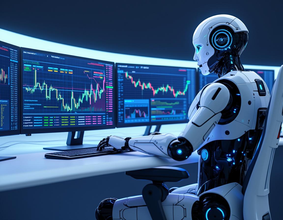 A humanoid AI trading bot analyzing market data at a high-tech workstation, surrounded by screens.