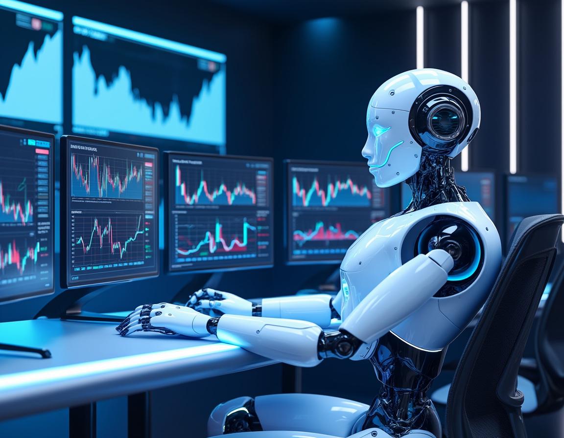 A hyper-realistic AI trading bot at a workstation, analyzing market data and executing trades.