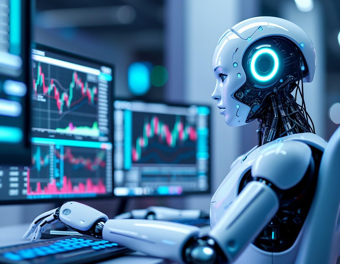 A hyper-realistic AI trading bot at a high-tech workstation analyzing crypto and stock market data.
