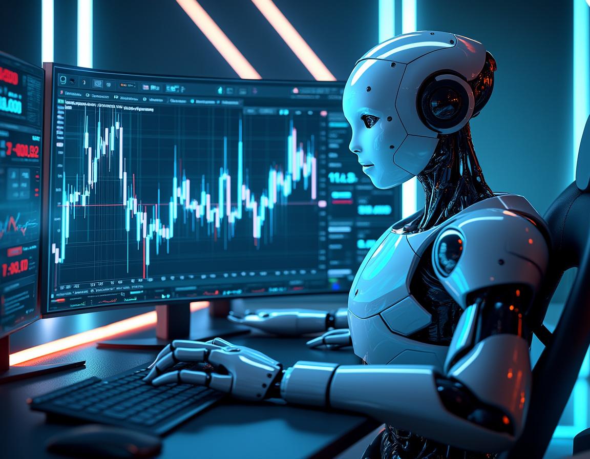 A hyper-realistic AI trading bot at a sleek workstation, analyzing market data on multiple screens.