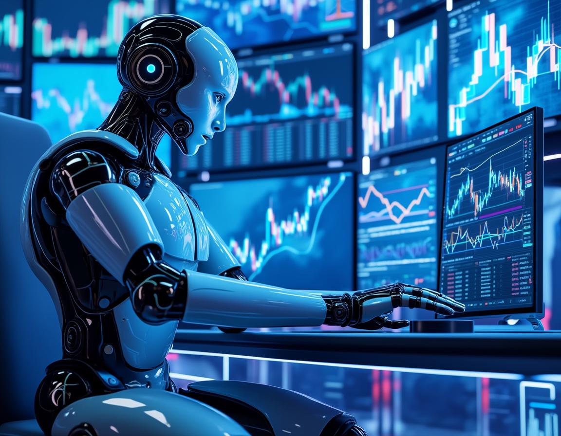 A sleek, humanoid AI trading bot at a high-tech workstation analyzes market data on glowing screens.