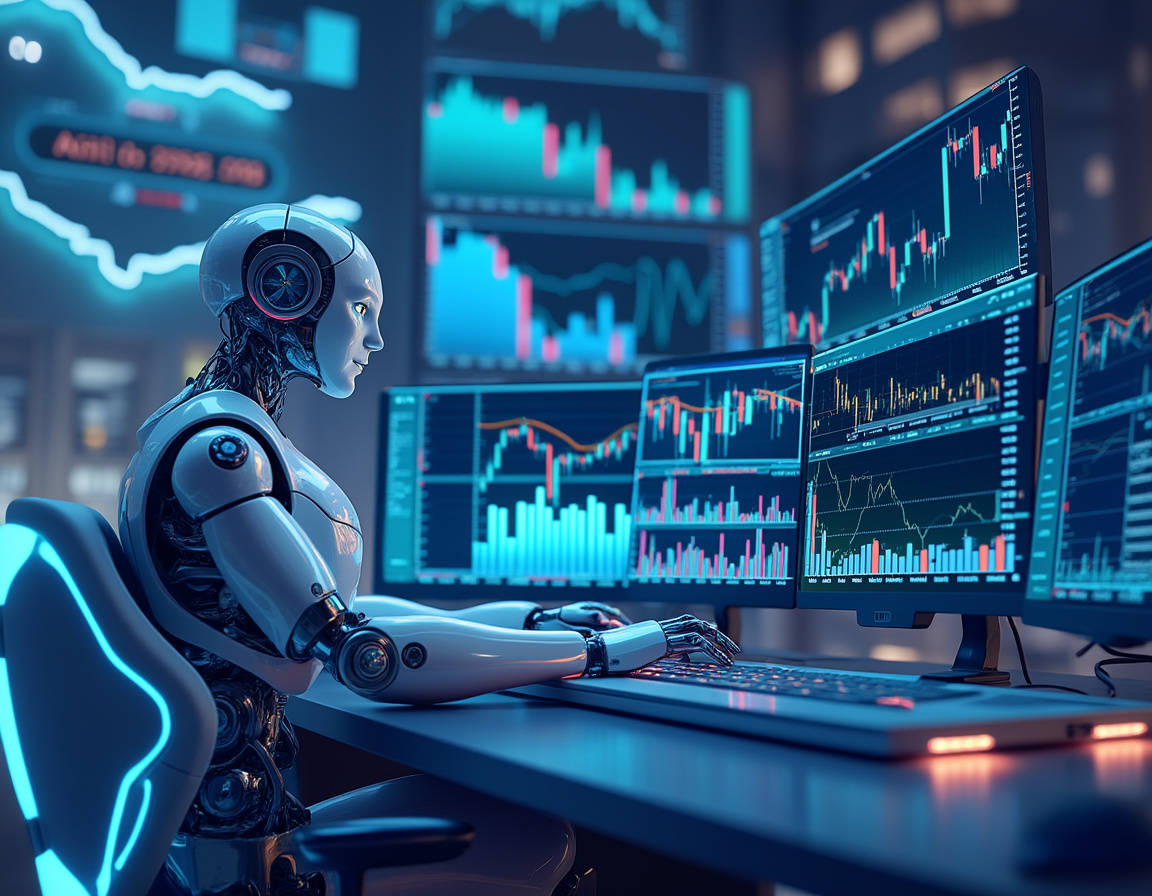 A humanoid AI trading bot analyzes market data at a futuristic workstation with multiple screens.