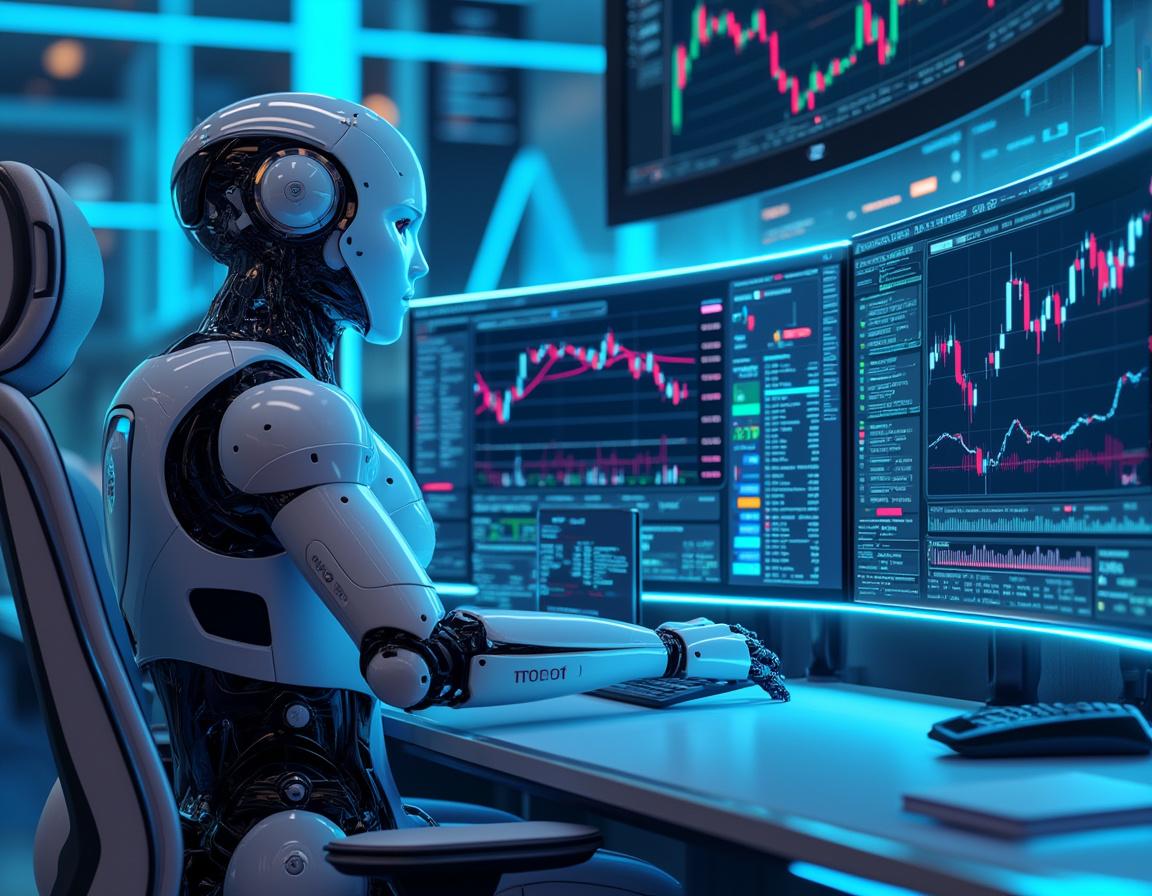 A hyper-realistic AI trading bot analyzes market data at a sleek workstation with multiple screens.