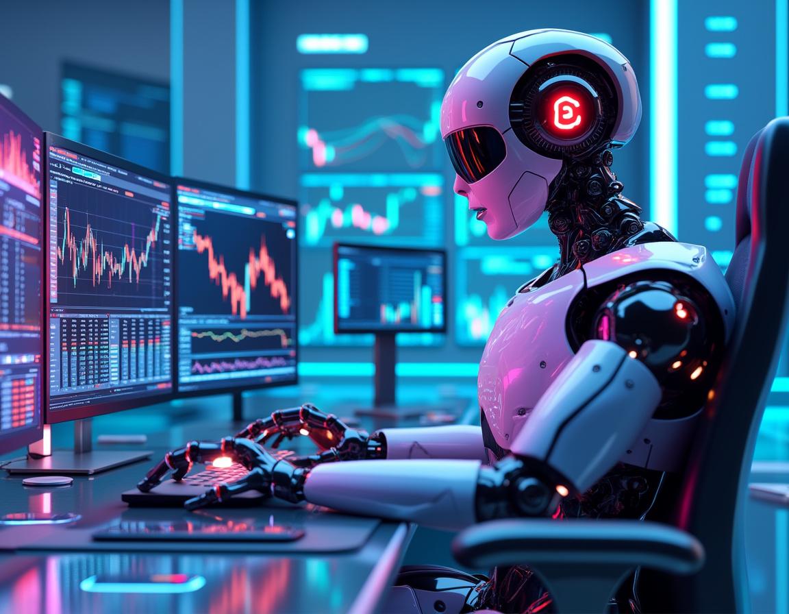Hyper-realistic AI trading bot at workstation, analyzing data, with screens showing market trends.