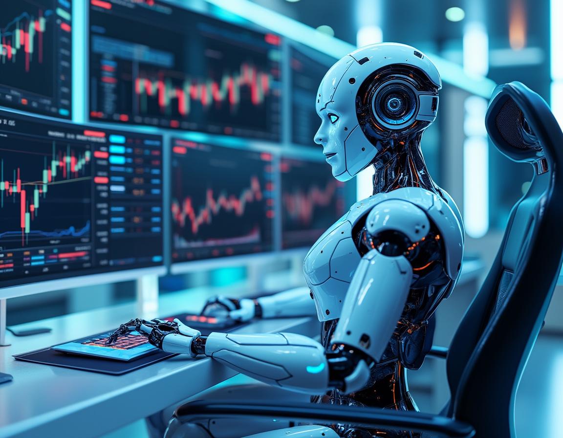 A humanoid AI trading bot at a high-tech workstation analyzing market data on multiple screens.