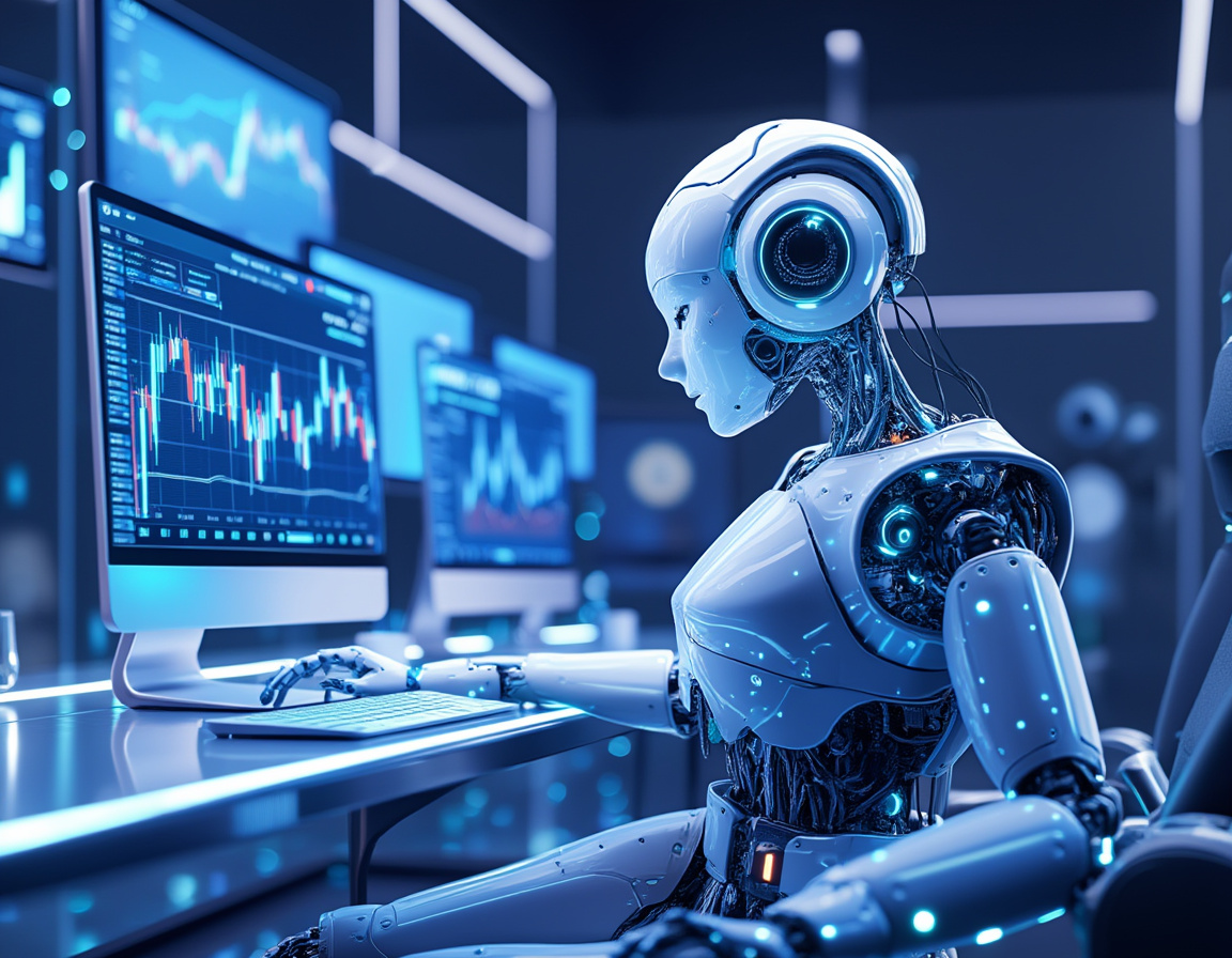A hyper-realistic AI trading bot analyzes market data on multiple screens in a futuristic workspace.