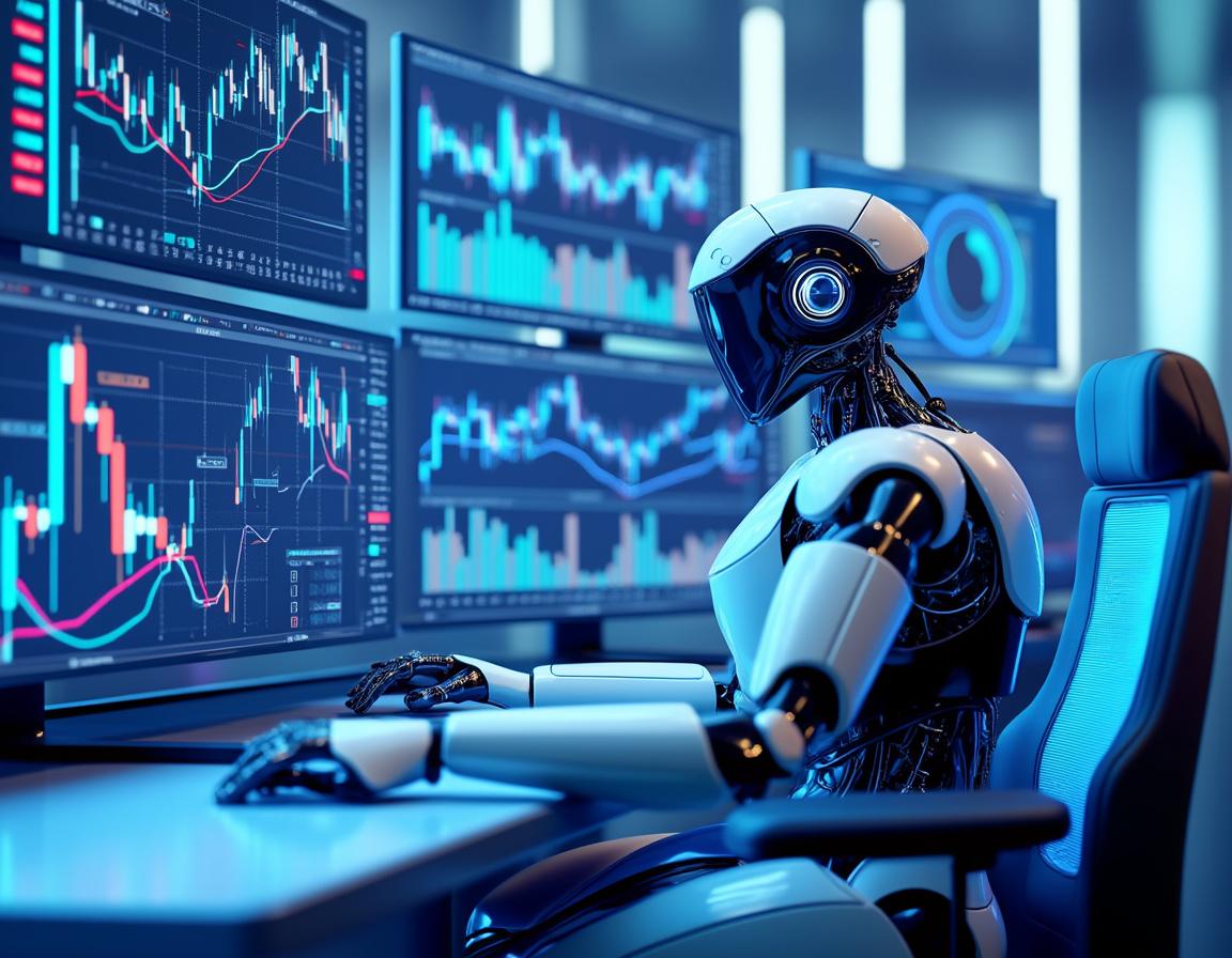 A humanoid AI trading bot at a high-tech workstation, analyzing market data on multiple screens.