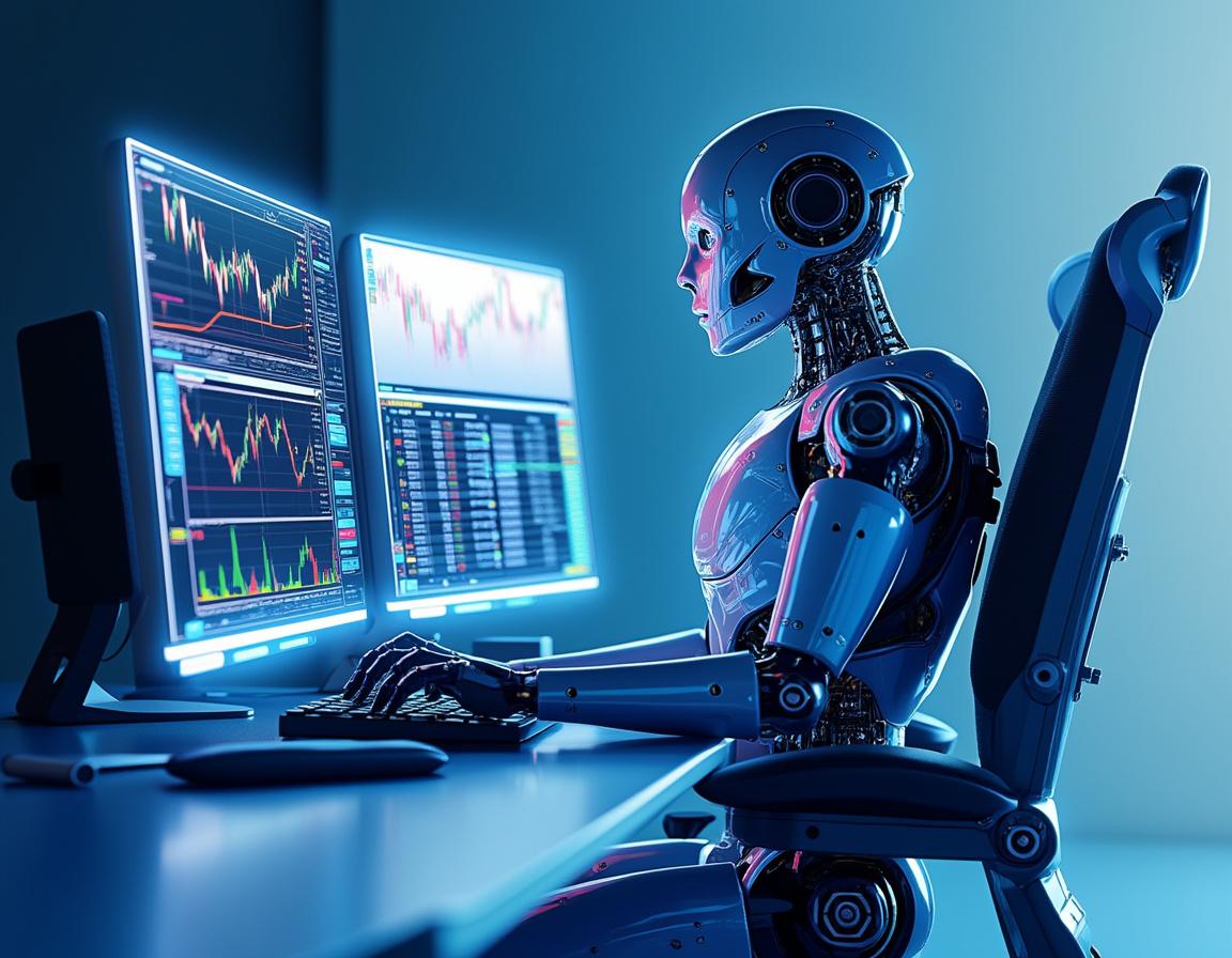 A hyper-realistic AI trading bot in a futuristic setup analyzing market data on multiple screens.