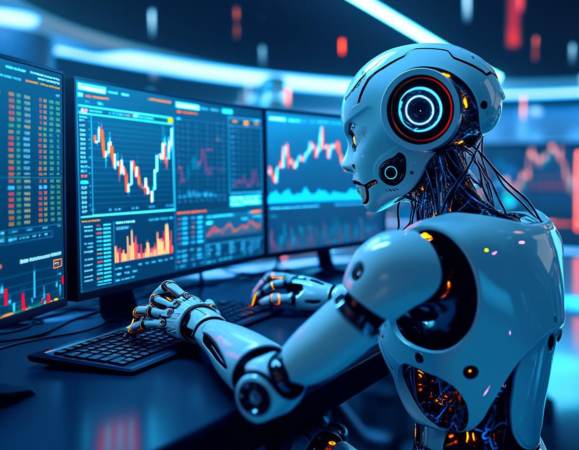 A hyper-realistic AI trading bot analyzes market data on screens in a futuristic, high-tech setting.