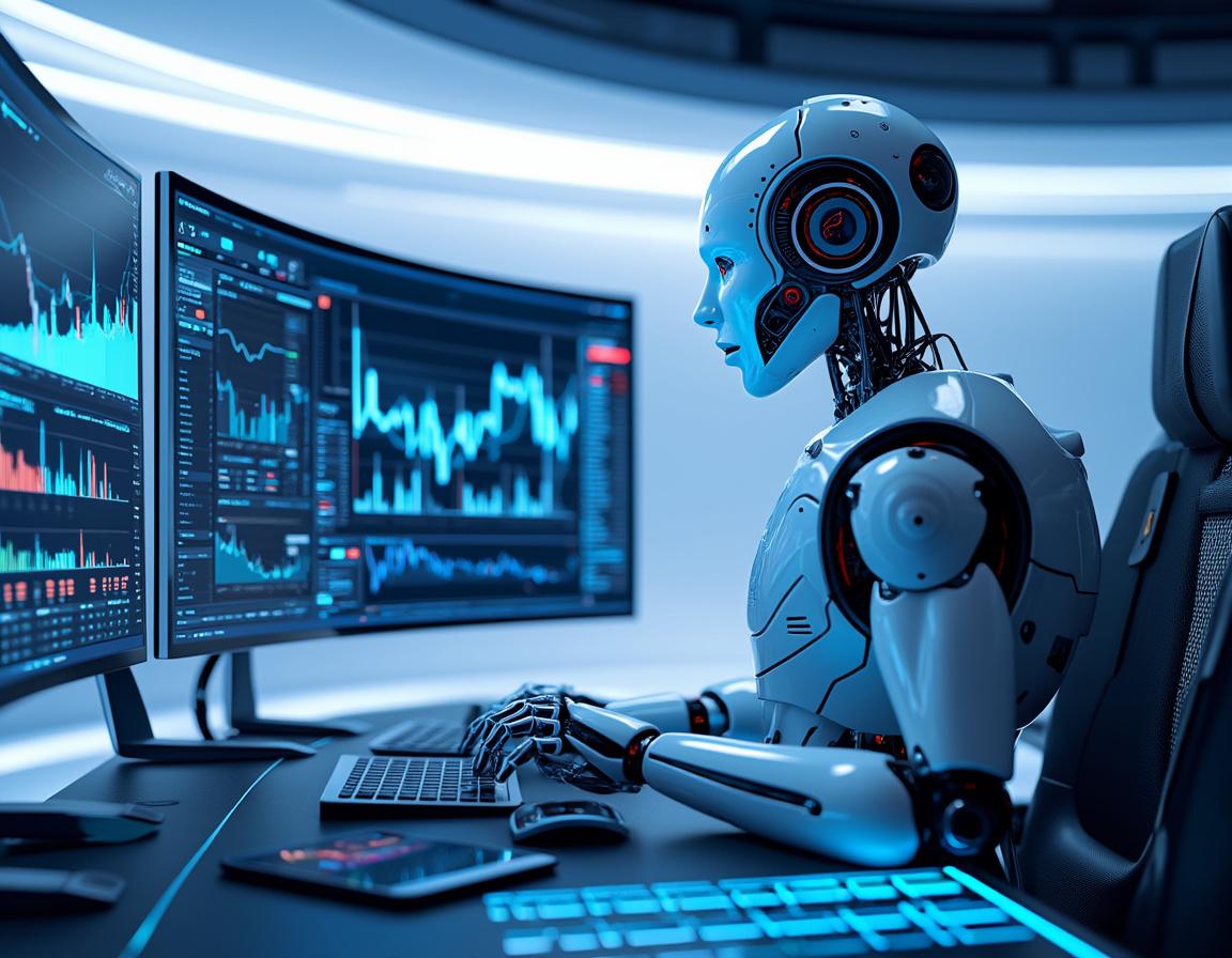 A hyper-realistic AI trading bot at a workstation analyzing market data across multiple screens.