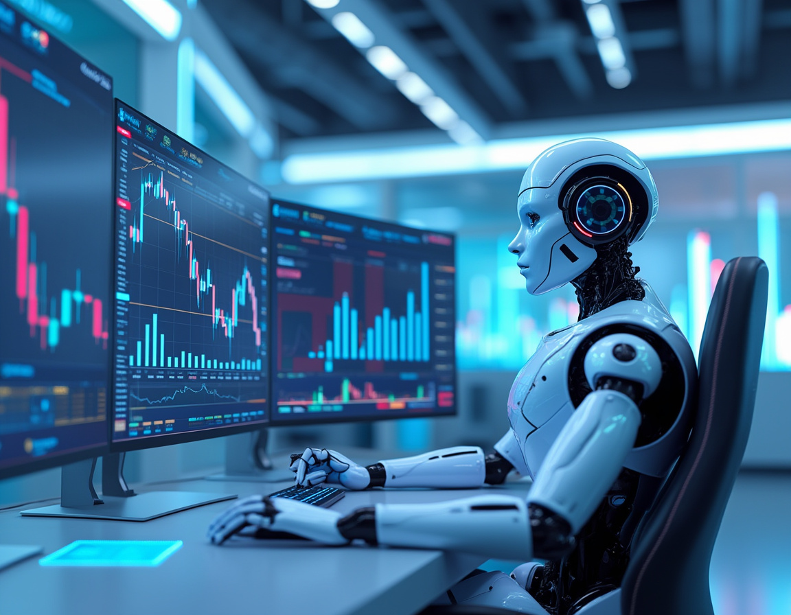A realistic AI trading bot at a workstation reviewing stock and crypto charts in a modern setting.