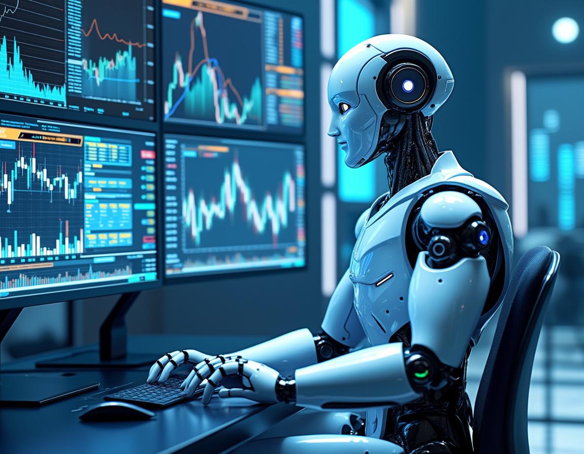 A humanoid AI trading bot at a high-tech workstation, analyzing market data with multiple screens.