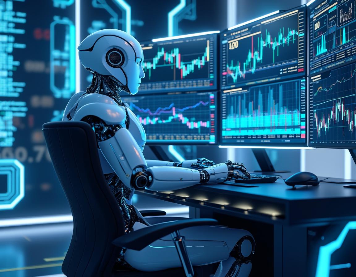 A humanoid AI trading bot at a high-tech workstation, analyzing market data on multiple screens.