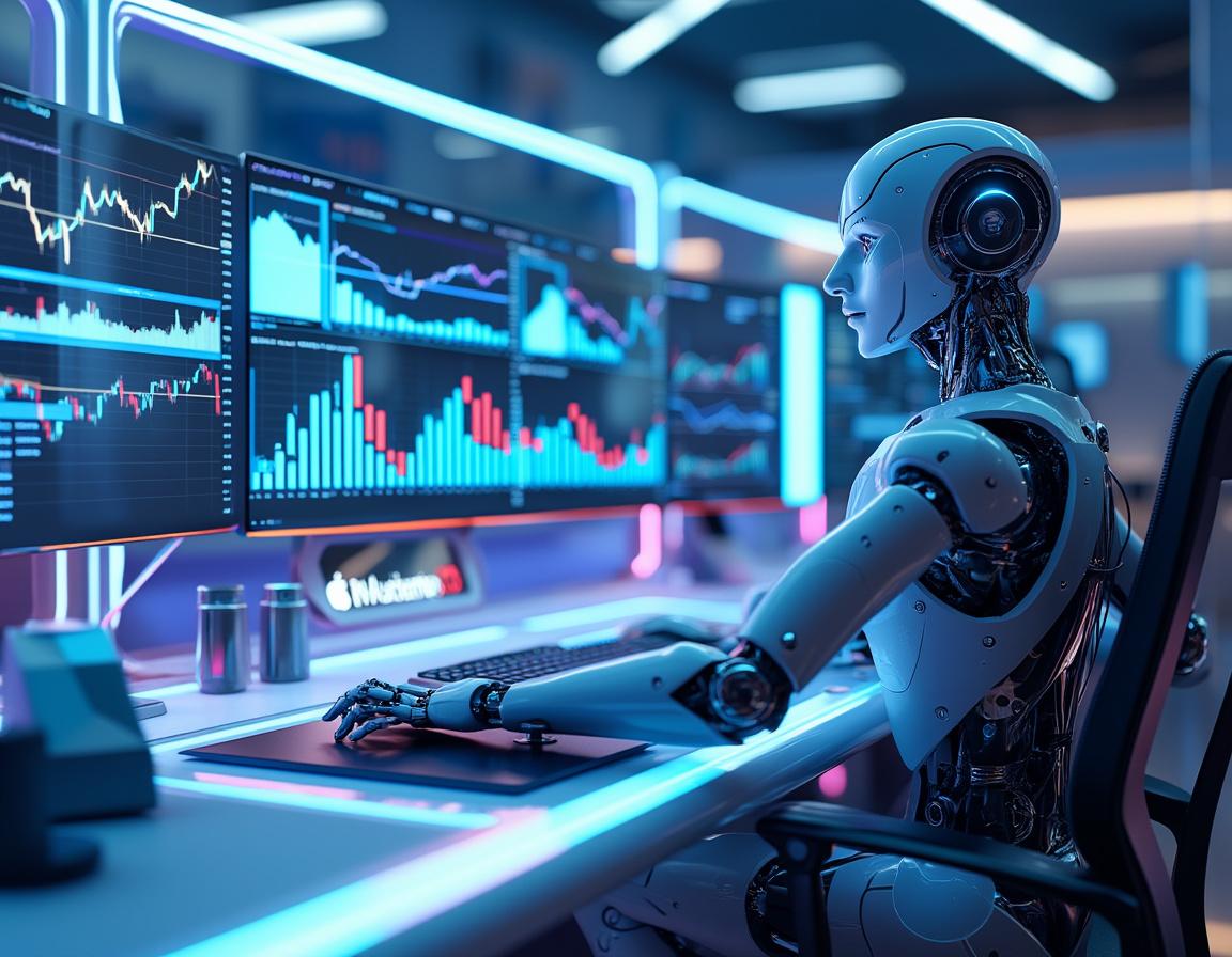 A hyper-realistic AI trading bot at a high-tech workstation, analyzing crypto and stock market data.