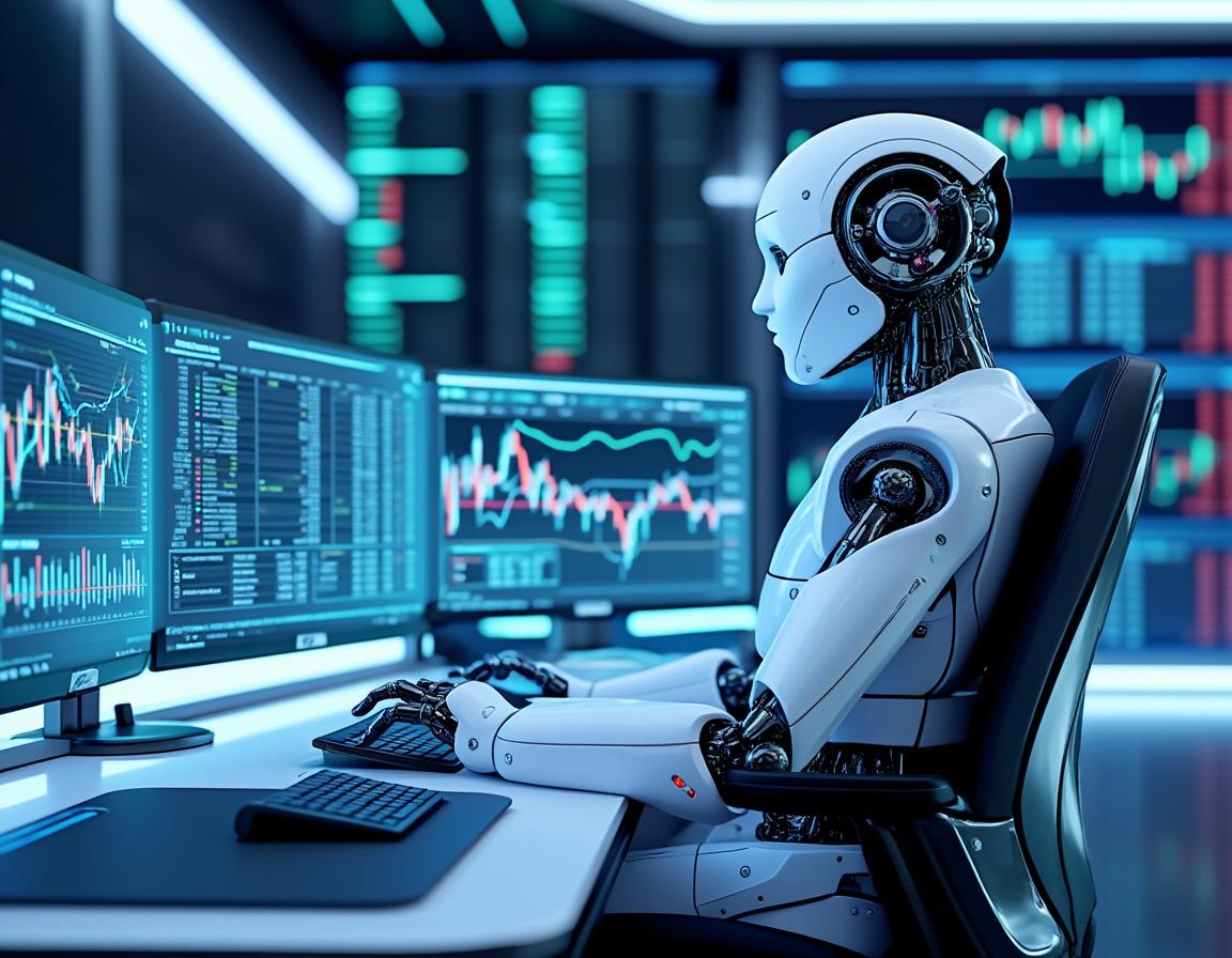Hyper-realistic AI trading bot at a high-tech workstation analyzing market data on multiple screens.