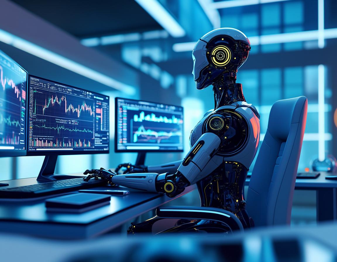 A humanoid AI trading bot analyzes market data at a high-tech workstation with multiple screens.