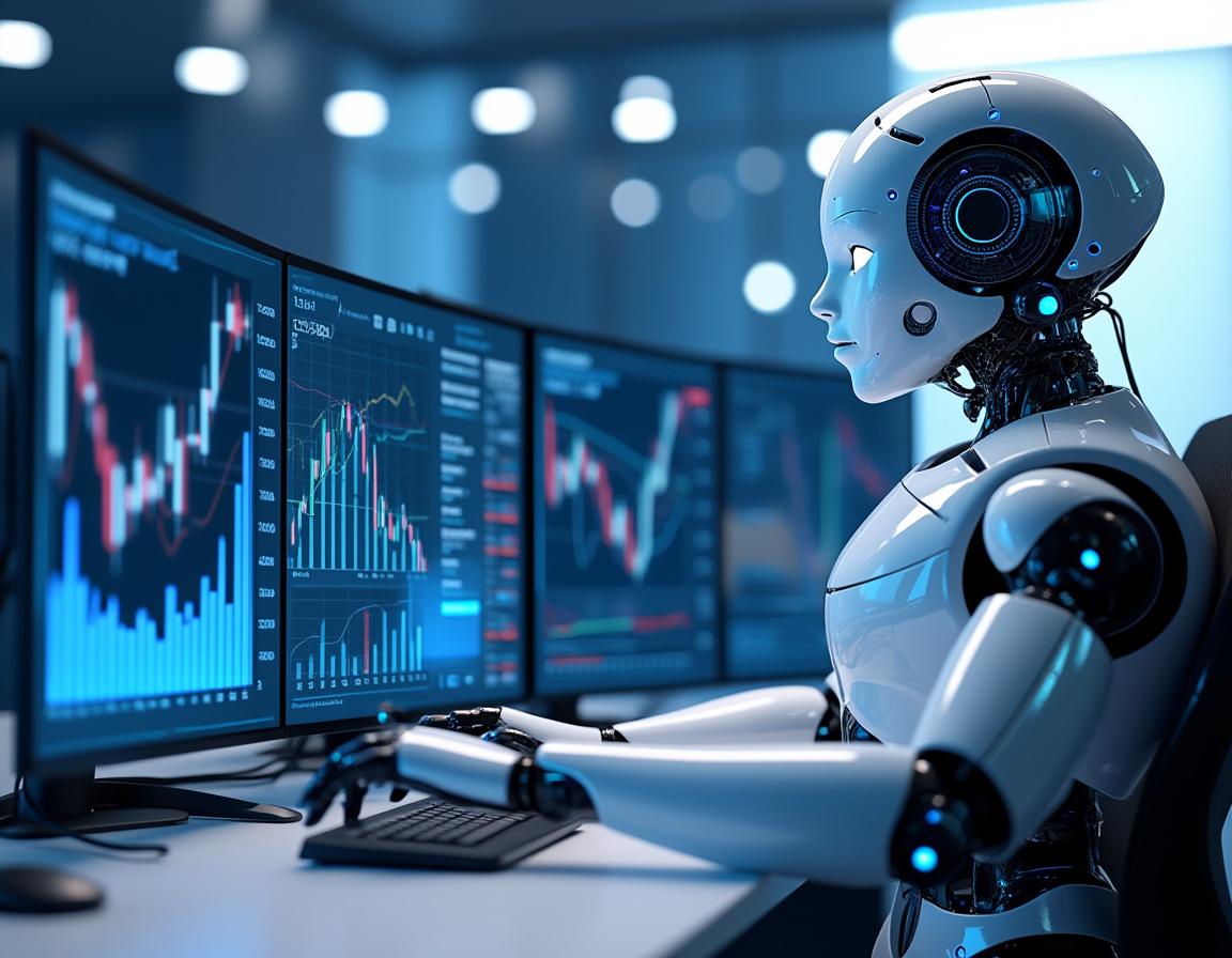 A humanoid AI trading bot analyzes market data at a high-tech workstation with multiple screens.