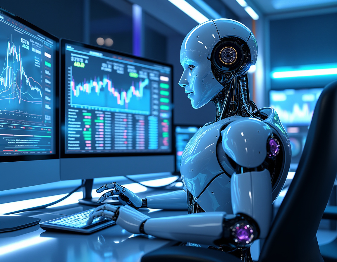 A humanoid AI trading bot at a workstation, analyzing market data on multiple illuminated screens.