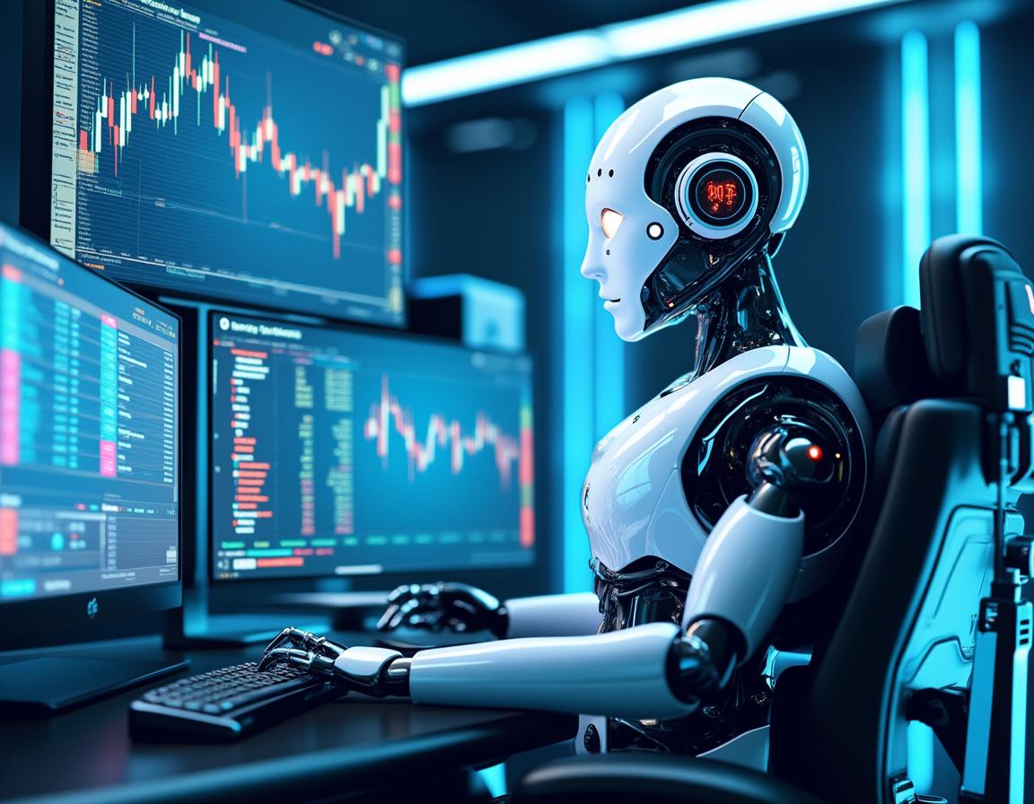 A hyper-realistic AI trading bot in a futuristic setting analyzing stock and crypto market data.