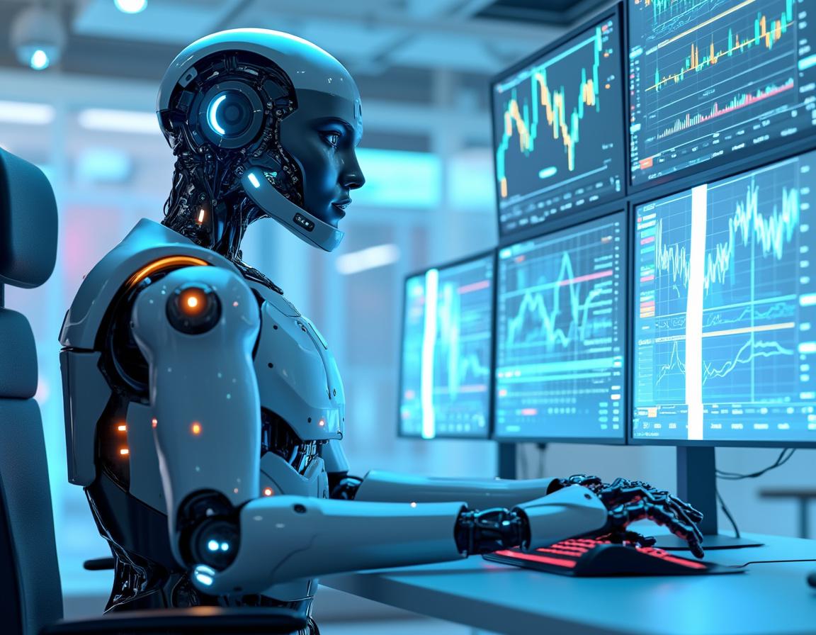A humanoid AI trading bot analyzes market data at a high-tech workstation with multiple screens.