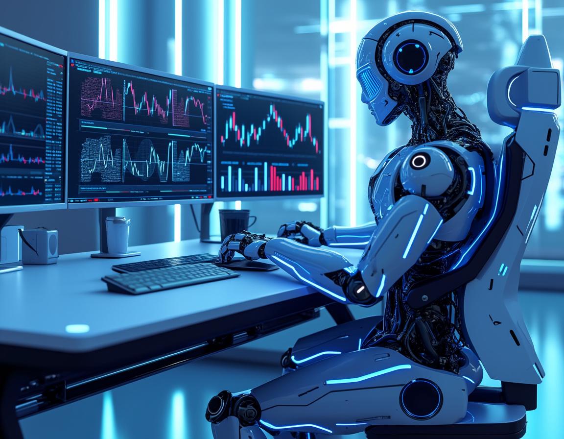 A humanoid AI trading bot at a high-tech workstation analyzes market data on multiple screens.