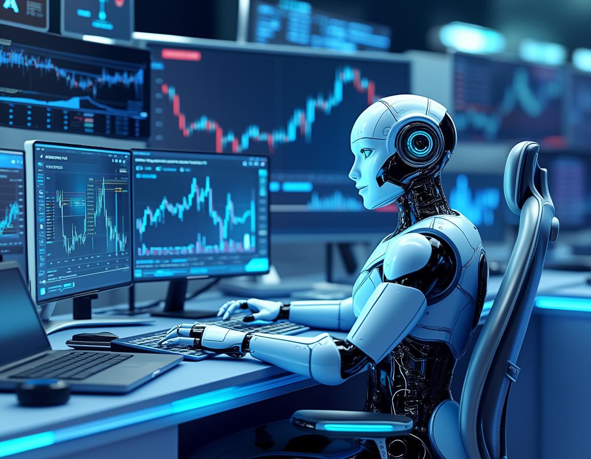 A humanoid AI trading bot at a high-tech workstation analyzing market data across multiple screens.