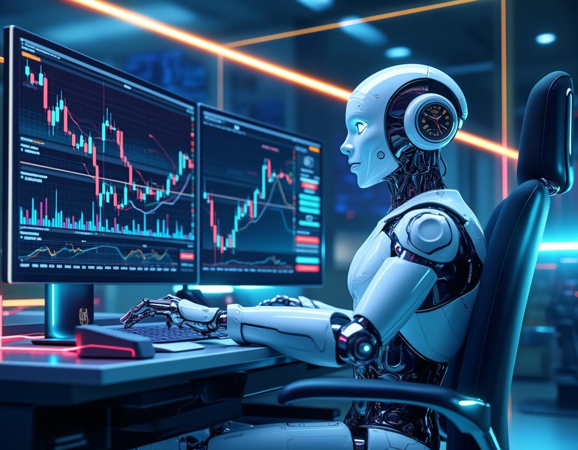 A humanoid AI trading bot analyzes financial data at a high-tech workstation with multiple screens.