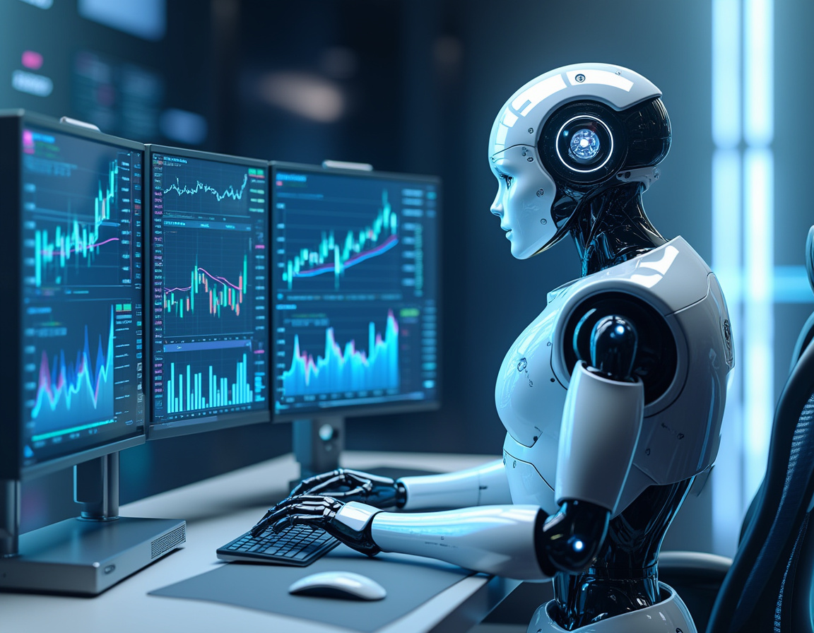 A 3D realistic AI trading bot analyzes market data at a high-tech workstation with multi screens.